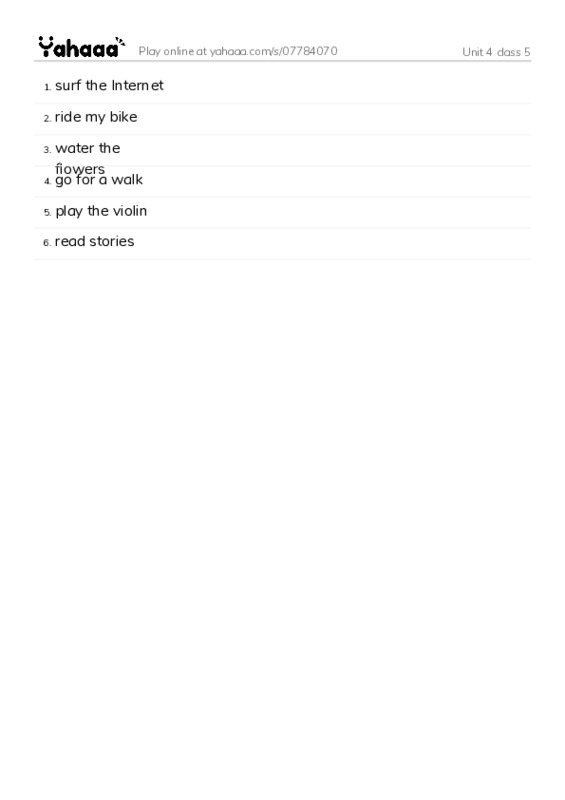 Word list with meanings worksheet for Unit 4 class 5