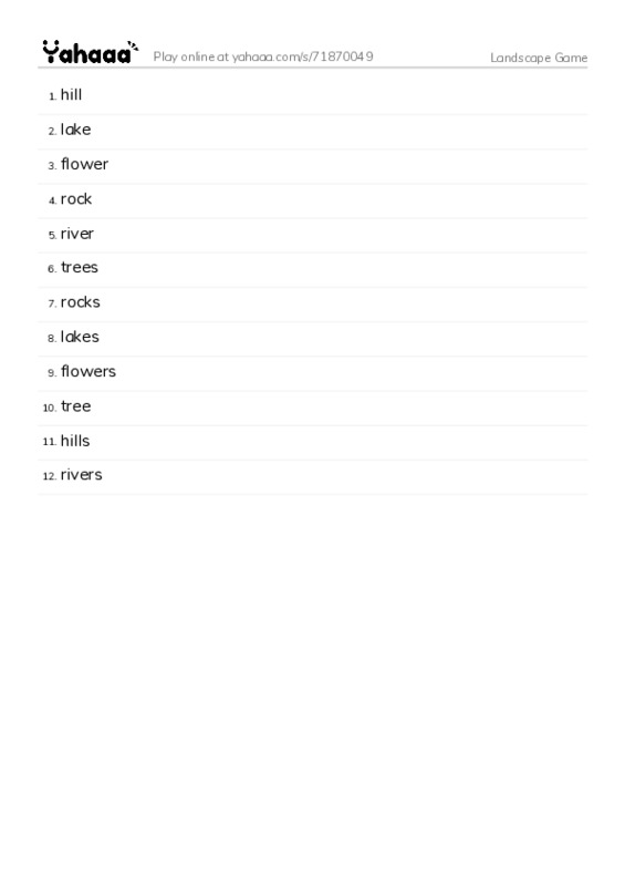 Word list with meanings worksheet for Landscape Game