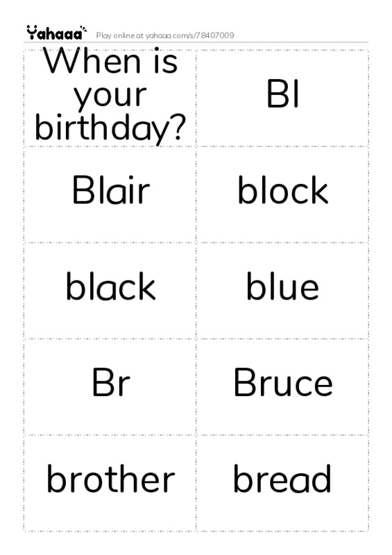 Word flashcards worksheet for When is your birthday?, Bl, Blair and 14 more
