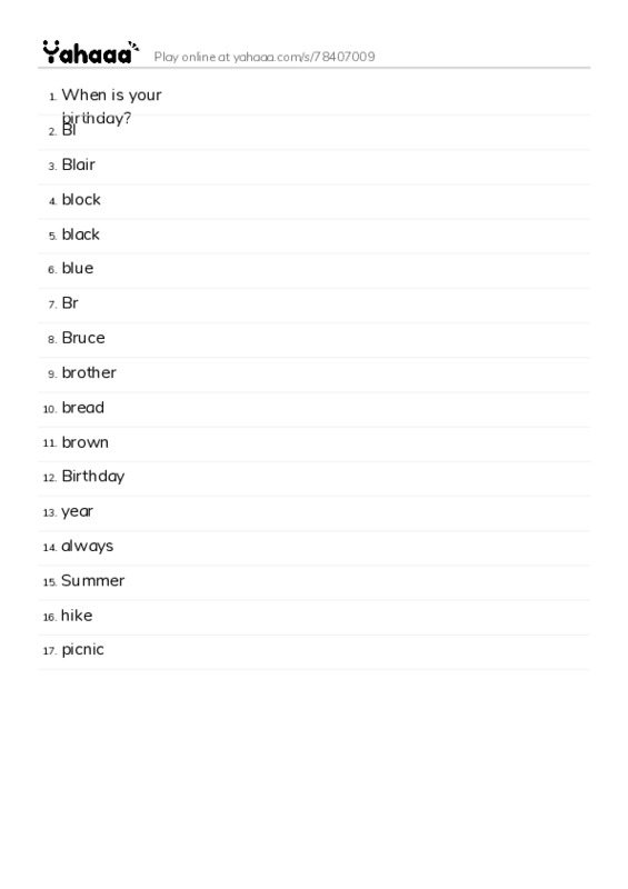 Word list with meanings worksheet for When is your birthday?, Bl, Blair and 14 more