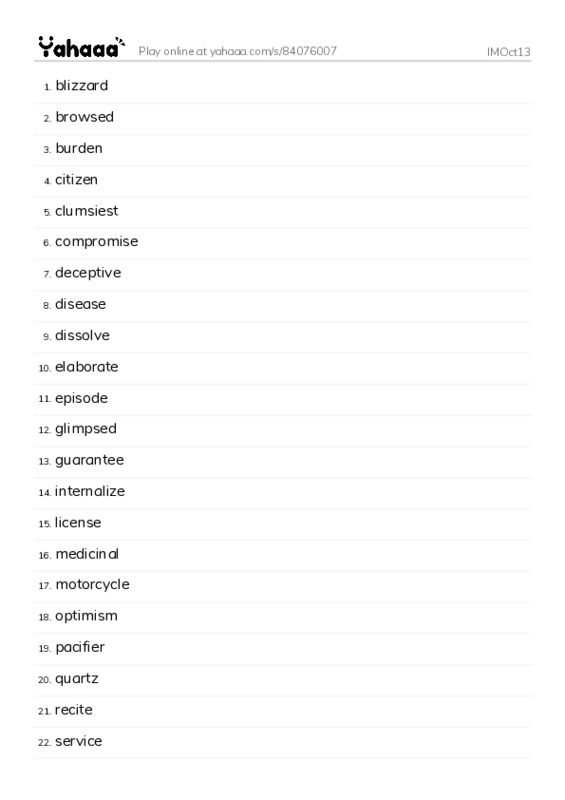 Word list with meanings worksheet for IMOct13