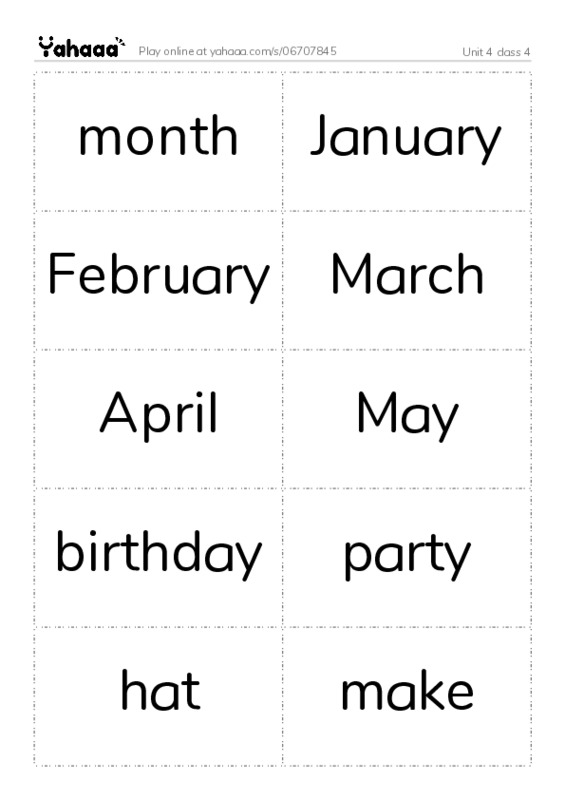 Word flashcards worksheet for Unit 4 class 4