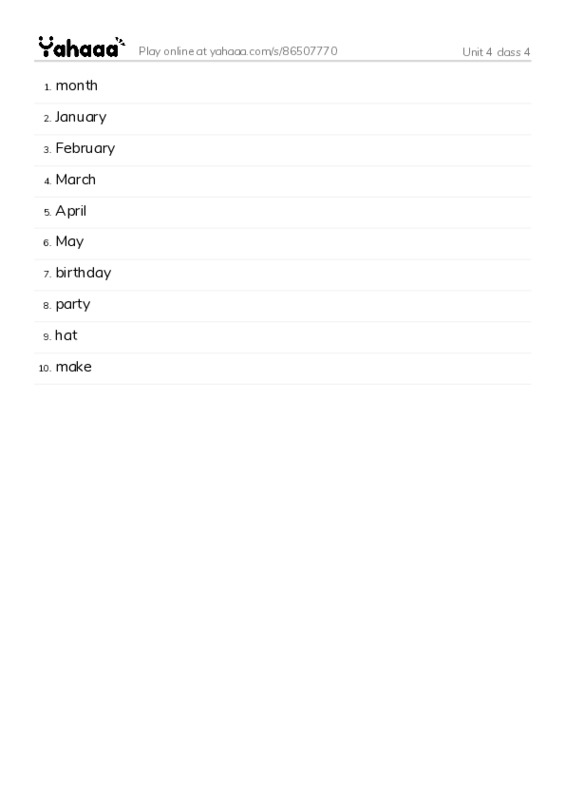 Word list with meanings worksheet for Unit 4 class 4