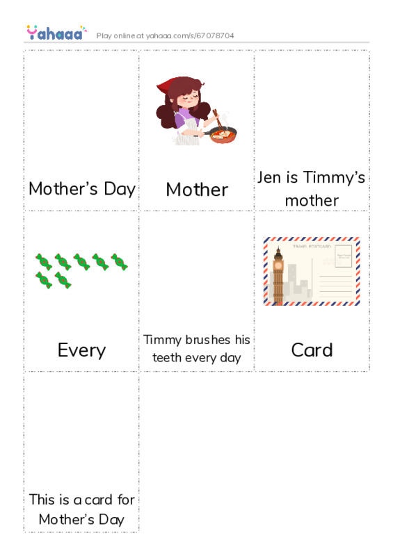 Picture flashcards worksheet for Mother’s Day, Mother, Jen is Timmy’s mother and 4 more