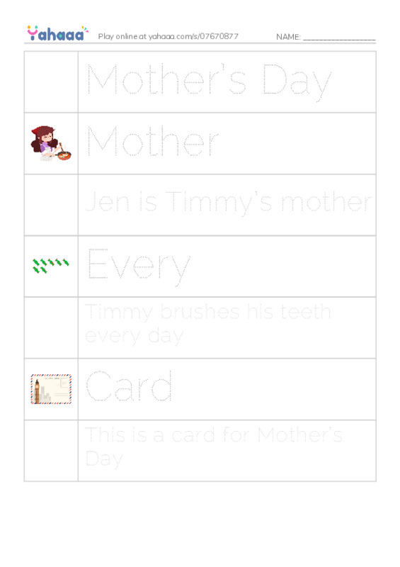 Picture and word rows worksheet for Mother’s Day, Mother, Jen is Timmy’s mother and 4 more