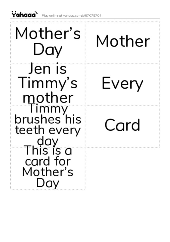Word flashcards worksheet for Mother’s Day, Mother, Jen is Timmy’s mother and 4 more