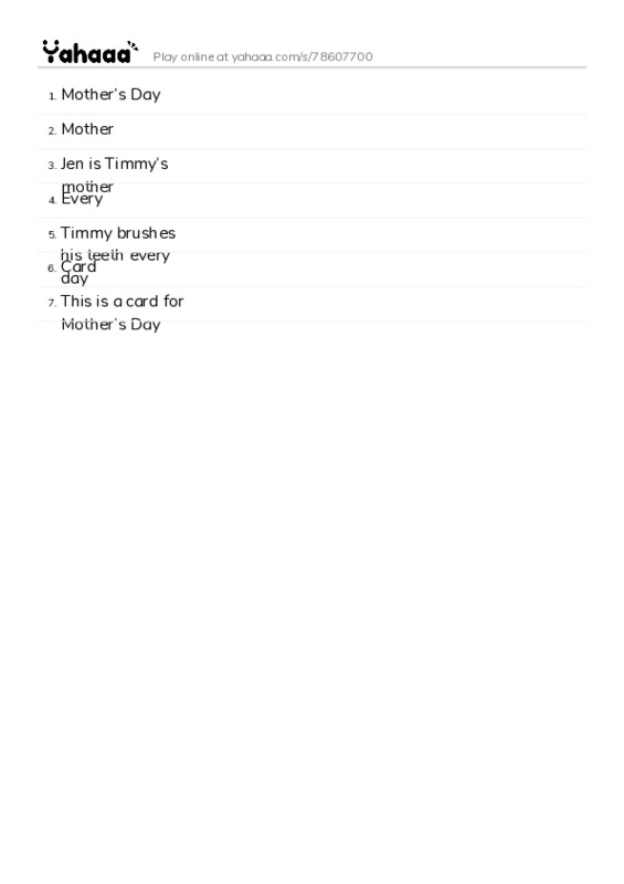 Word list with meanings worksheet for Mother’s Day, Mother, Jen is Timmy’s mother and 4 more