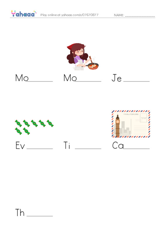 Finish the word worksheet for Mother’s Day, Mother, Jen is Timmy’s mother and 4 more