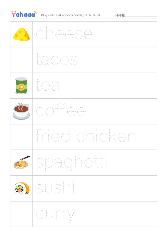 Picture and word rows worksheet for Culture: Food