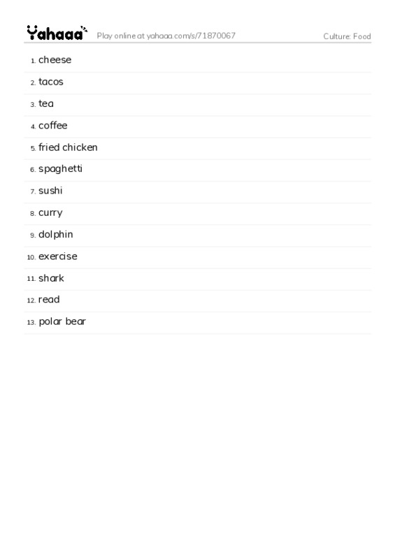 Word list with meanings worksheet for Culture: Food