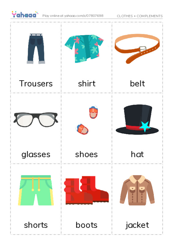 Picture flashcards worksheet for CLOTHES + COMPLEMENTS