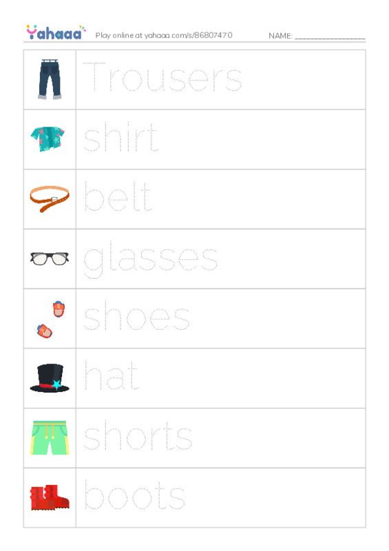 Picture and word rows worksheet for CLOTHES + COMPLEMENTS