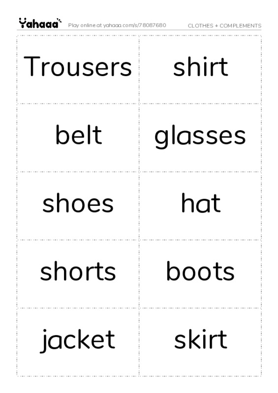 Word flashcards worksheet for CLOTHES + COMPLEMENTS