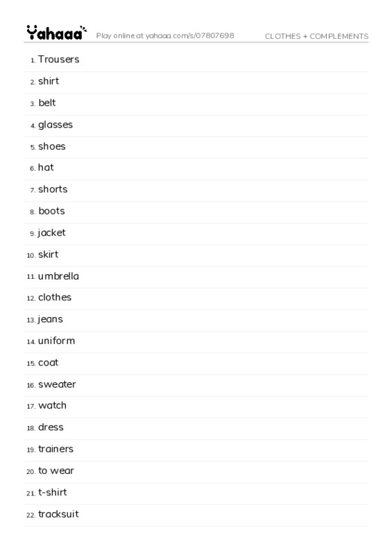 Word list with meanings worksheet for CLOTHES + COMPLEMENTS