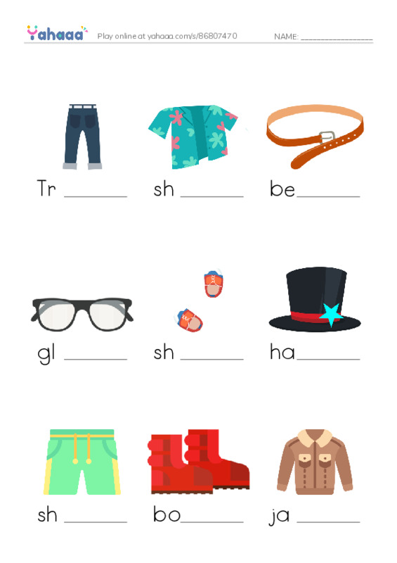 Finish the word worksheet for CLOTHES + COMPLEMENTS
