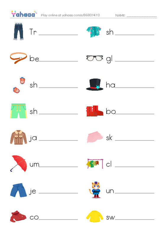 Write the word rows worksheet for CLOTHES + COMPLEMENTS