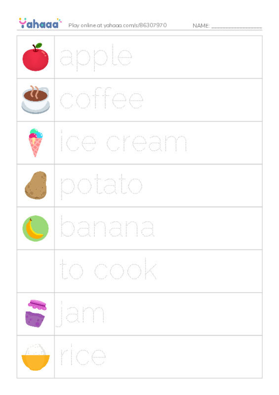 Picture and word rows worksheet for FOOD