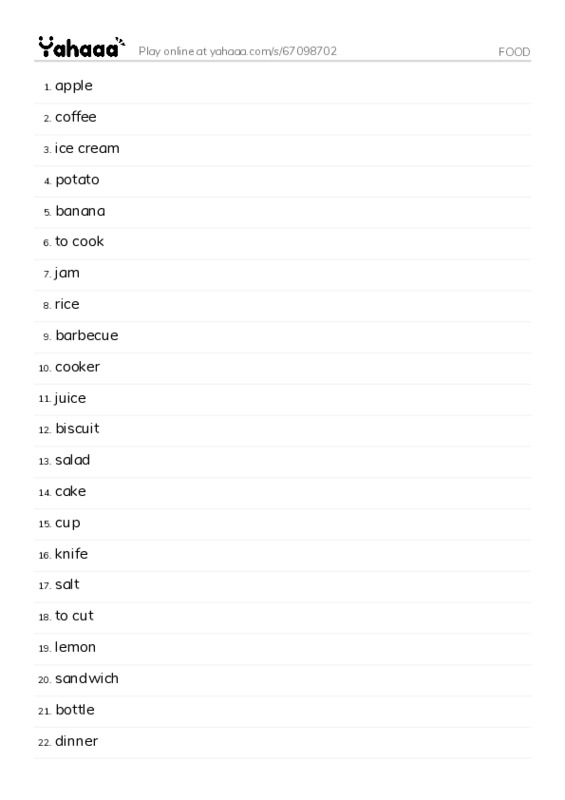 Word list with meanings worksheet for FOOD