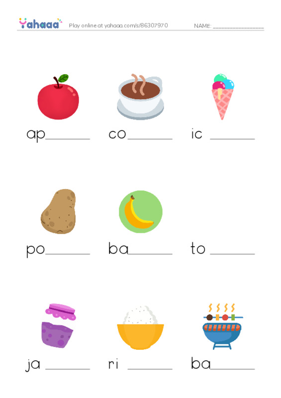 Finish the word worksheet for FOOD