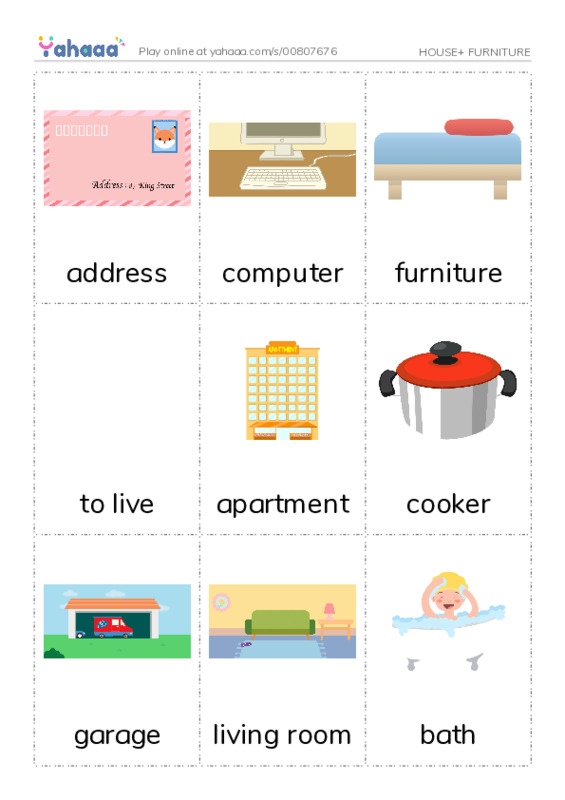 Picture flashcards worksheet for HOUSE+ FURNITURE