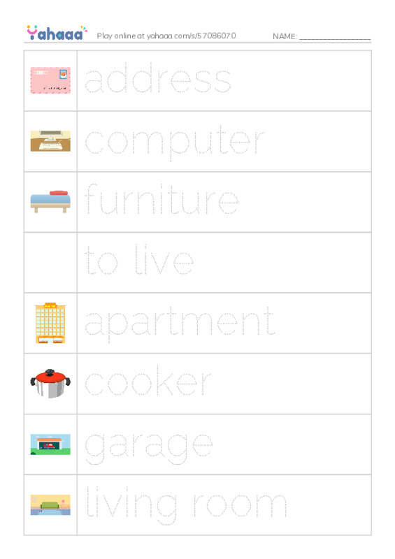 Picture and word rows worksheet for HOUSE+ FURNITURE