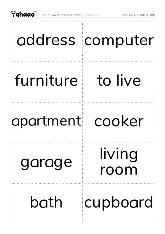 Word flashcards worksheet for HOUSE+ FURNITURE
