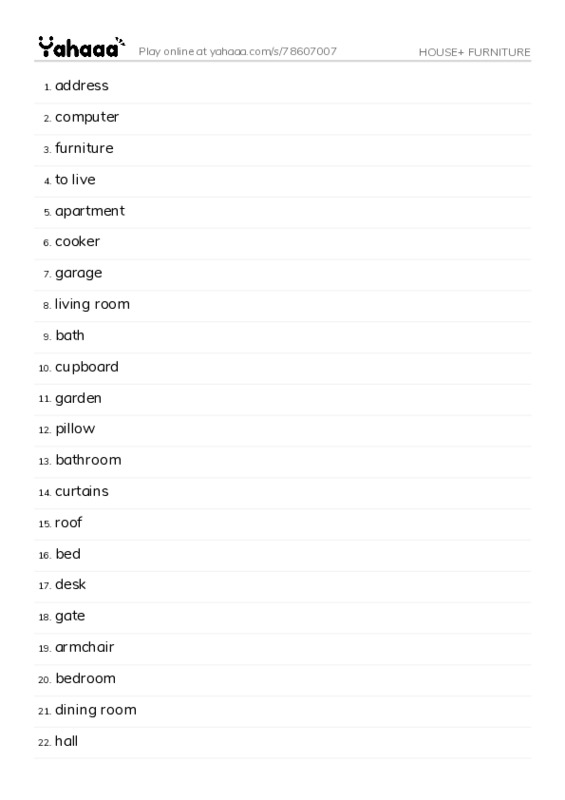 Word list with meanings worksheet for HOUSE+ FURNITURE