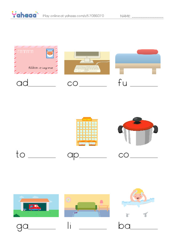 Finish the word worksheet for HOUSE+ FURNITURE