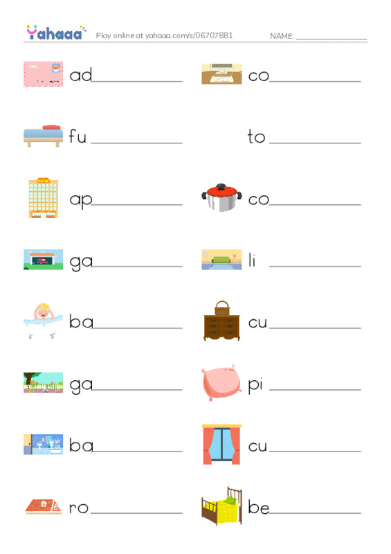 Write the word rows worksheet for HOUSE+ FURNITURE