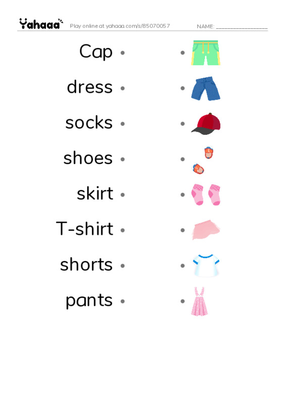 Draw a line to match worksheet for Clothes