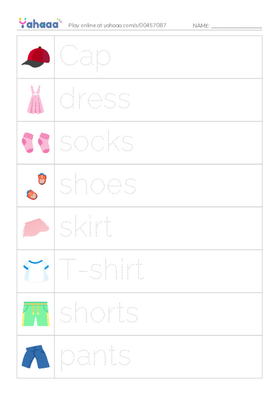 Picture and word rows worksheet for Clothes