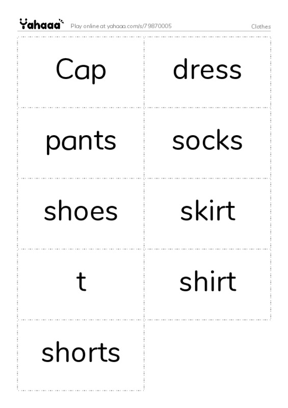 Word flashcards worksheet for Clothes