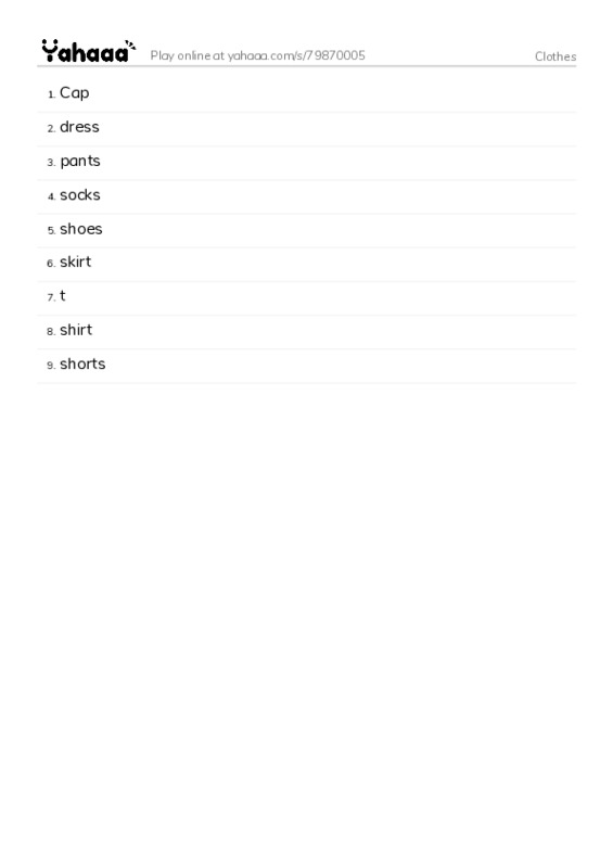 Word list with meanings worksheet for Clothes