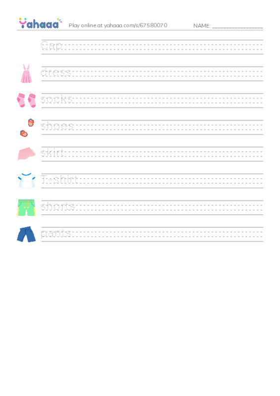 Handwriting lines worksheet for Clothes