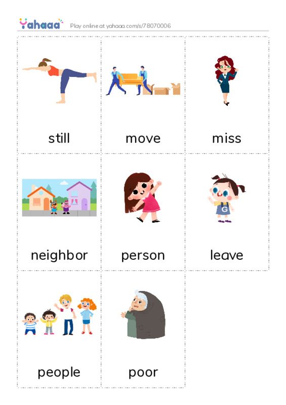 Picture flashcards worksheet for still, move, miss and 5 more