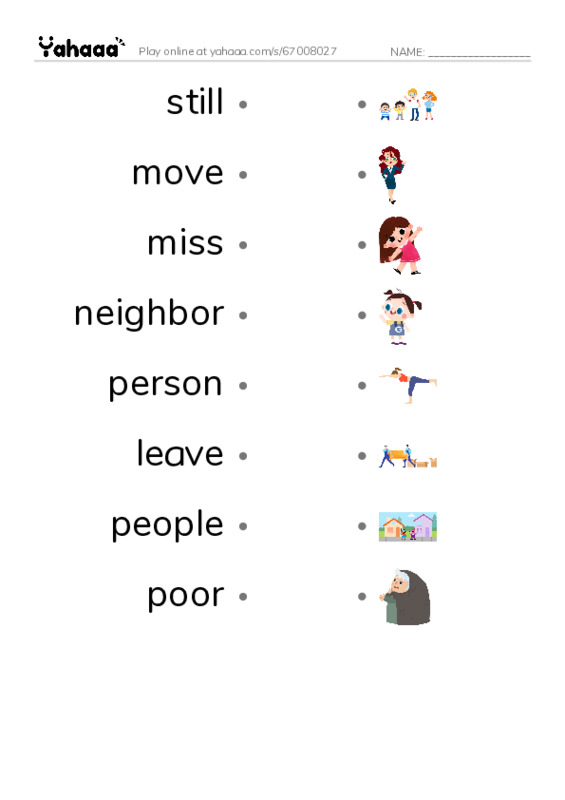 Draw a line to match worksheet for still, move, miss and 5 more