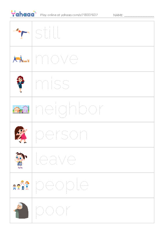 Picture and word rows worksheet for still, move, miss and 5 more