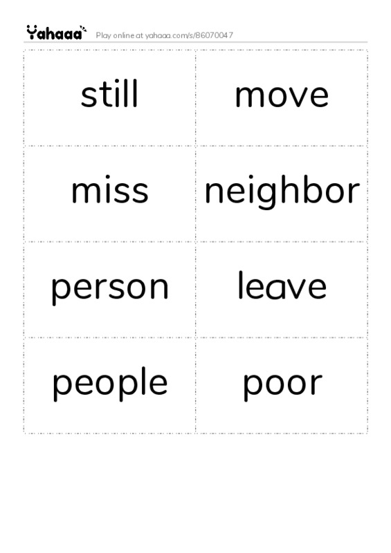Word flashcards worksheet for still, move, miss and 5 more