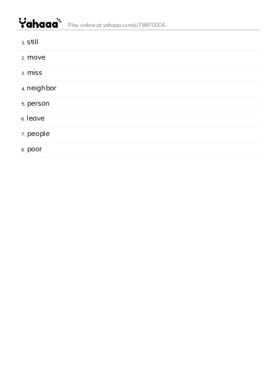 Word list with meanings worksheet for still, move, miss and 5 more
