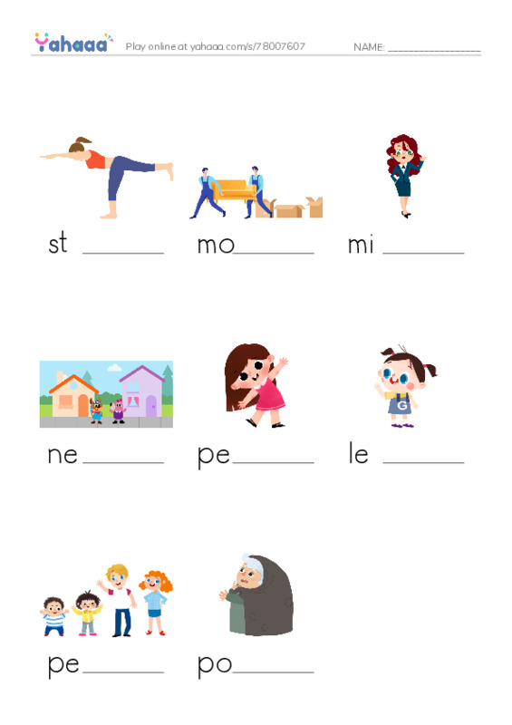 Finish the word worksheet for still, move, miss and 5 more
