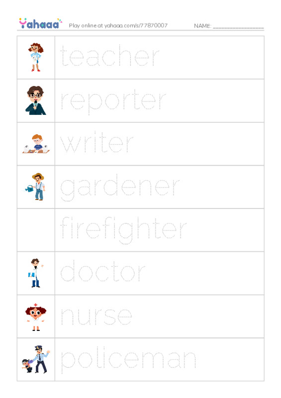 Picture and word rows worksheet for UNIT 5-JOBS