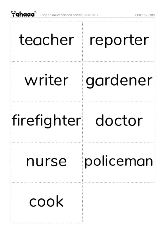 Word flashcards worksheet for UNIT 5-JOBS
