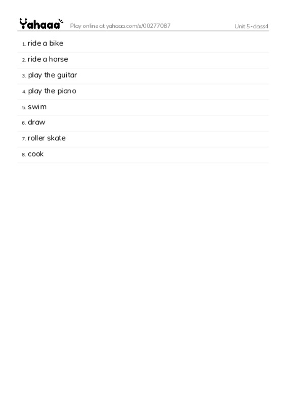 Word list with meanings worksheet for Unit 5-class4