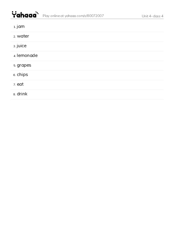 Word list with meanings worksheet for Unit 4-class 4