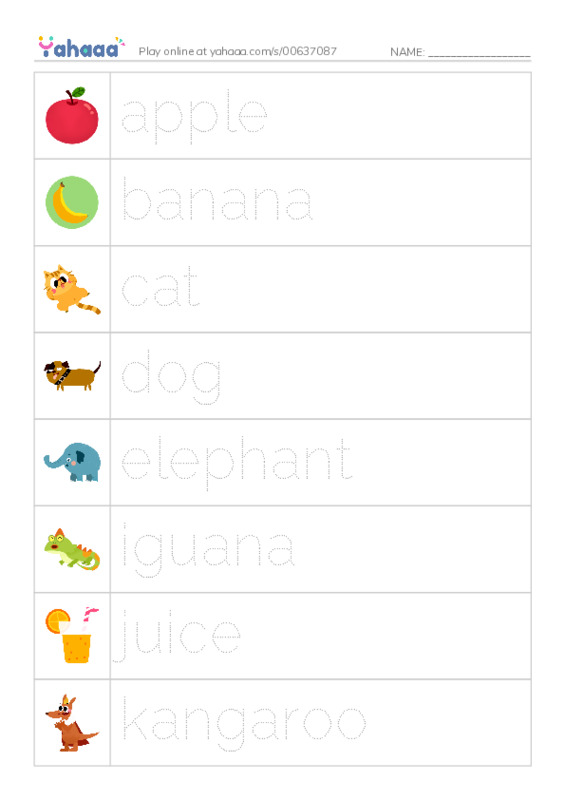 Picture and word rows worksheet for Alphabet