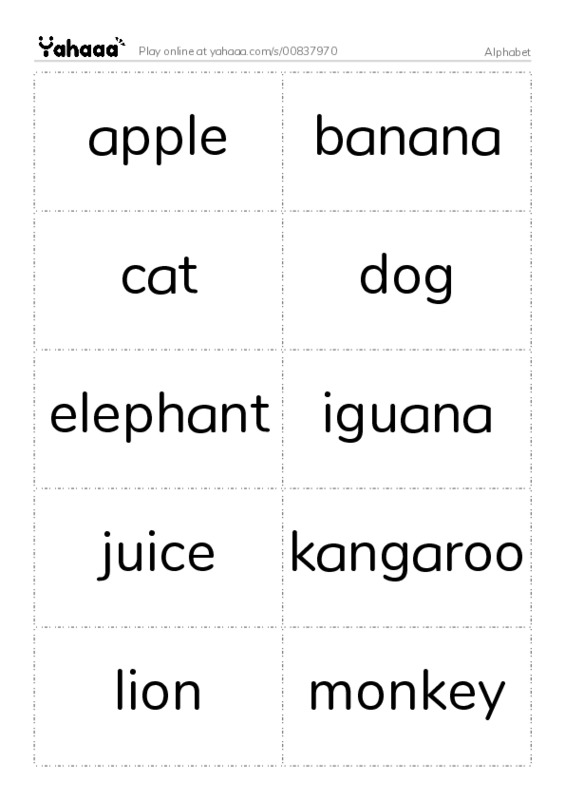 Word flashcards worksheet for Alphabet