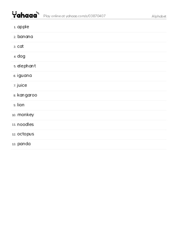 Word list with meanings worksheet for Alphabet