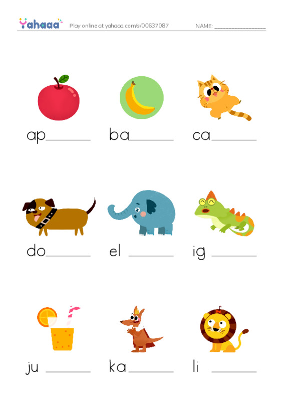 Finish the word worksheet for Alphabet