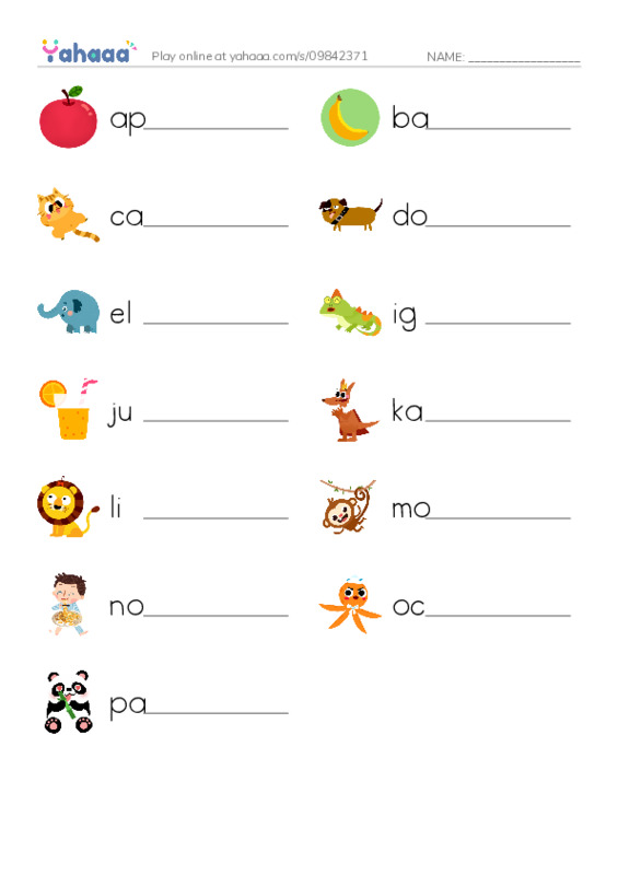 Write the word rows worksheet for Alphabet