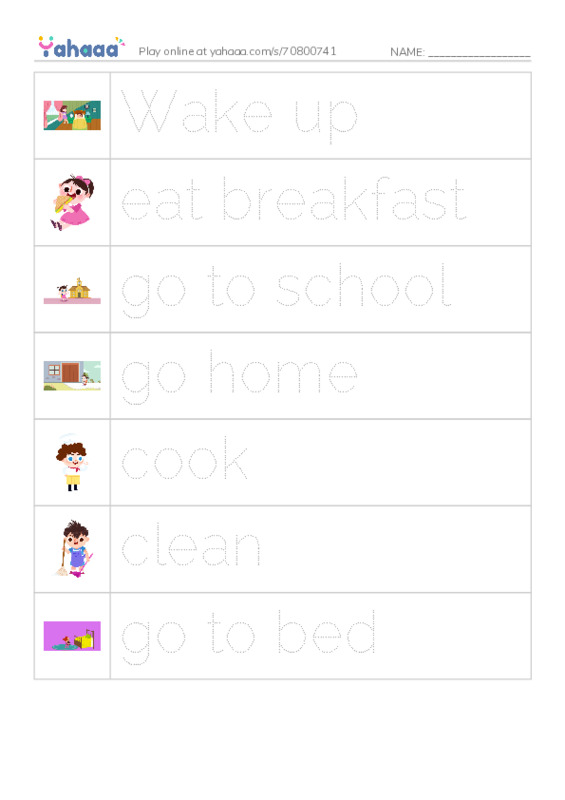 Picture and word rows worksheet for Daily routine